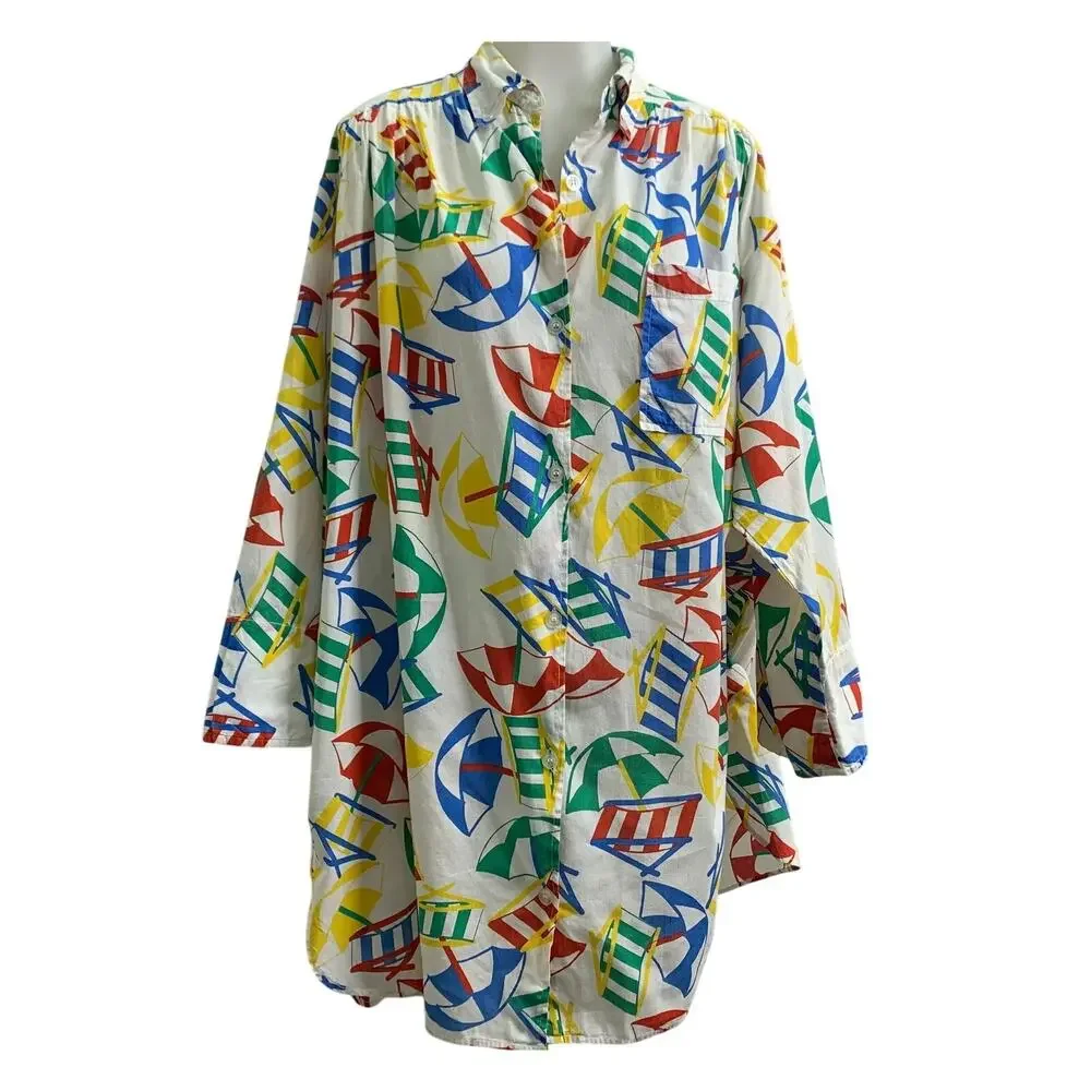 VTG Lesile Fay O/S 80s Swim Cover Up Button Up Shirt Dress Umbrella Beach Chair